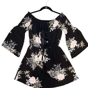 Feathers Black Floral Print Off Shoulder Peasant Dress Size:Medium